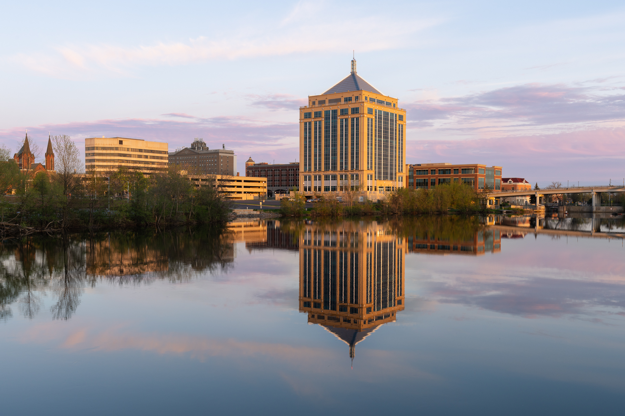 Downtown Wausau skyline reflected in the Wisconsin River at sunset